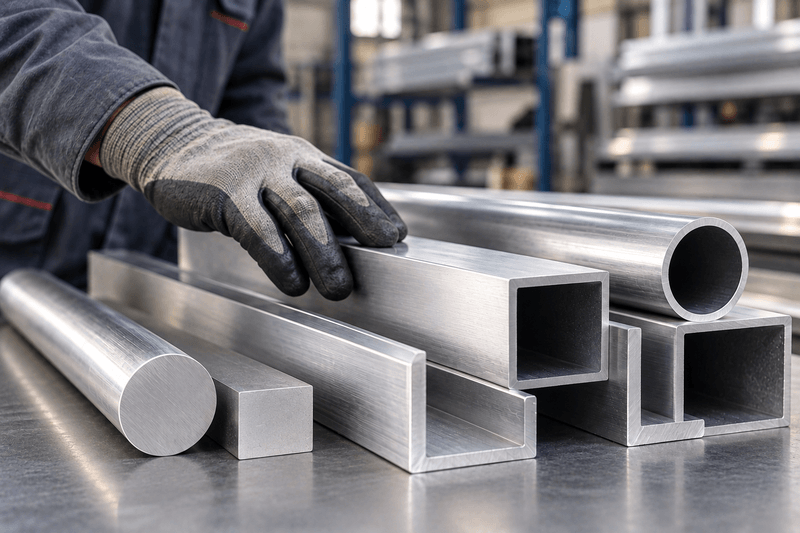 Operaio con guanti protettivi esamina profilati e tubi metallici in alluminio in un'officina industriale.